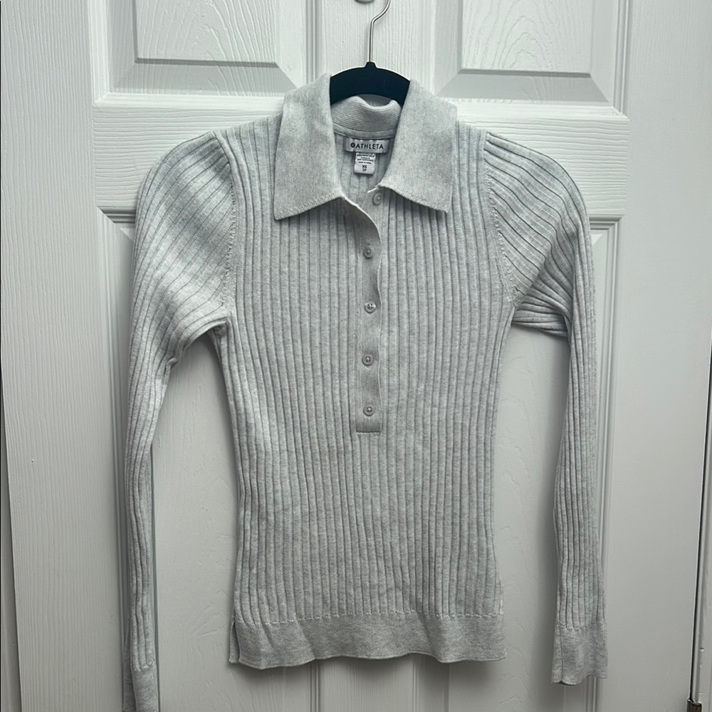 Athleta Gray Ribbed Knit Collared Sweater